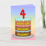 [ Thumbnail: 4th Birthday — Fun Cake & Candle, With Custom Name Card ]