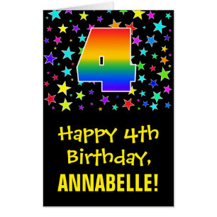 4th Birthday: Fun, Colorful Stars + Rainbow # 4 Card