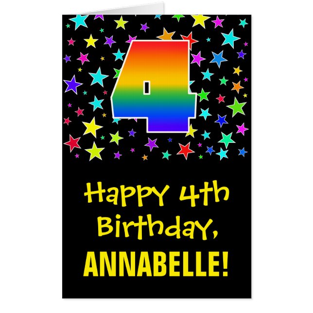 4th Birthday: Fun, Colorful Stars + Rainbow # 4 Card (Front)