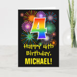 [ Thumbnail: 4th Birthday: Fun Fireworks Pattern + Rainbow 4 Card ]