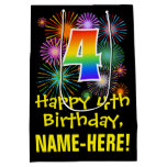 [ Thumbnail: 4th Birthday: Fun Fireworks Pattern + Rainbow 4 Gift Bag ]