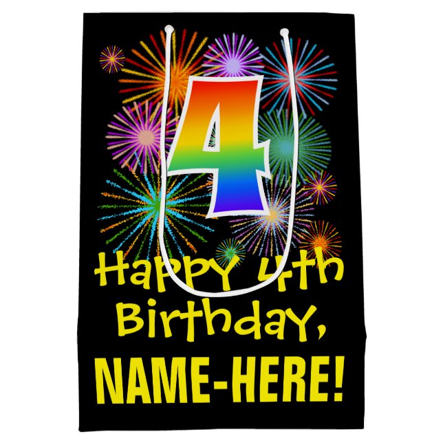 4th Birthday: Fun Fireworks Pattern + Rainbow 4 Medium Gift Bag (Back)