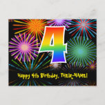 [ Thumbnail: 4th Birthday – Fun Fireworks Pattern + Rainbow 4 Postcard ]