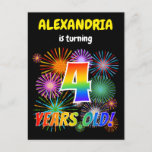 [ Thumbnail: 4th Birthday - Fun Fireworks, Rainbow Look "4" Postcard ]
