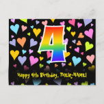 [ Thumbnail: 4th Birthday: Fun Hearts Pattern, Rainbow 4 Postcard ]