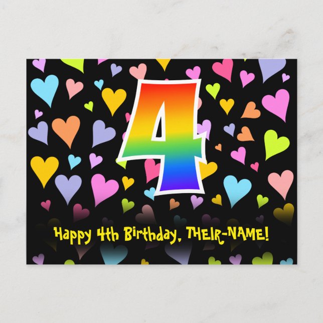 4th Birthday: Fun Hearts Pattern, Rainbow 4 Postcard (Front)