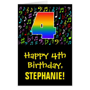 4th Birthday: Fun Music Symbols + Rainbow # 4 Card