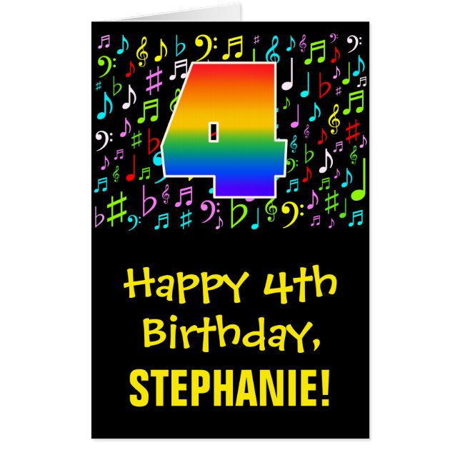 4th Birthday: Fun Music Symbols + Rainbow # 4 Card (Front)