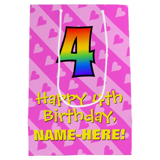 4th Birthday: Fun Pink Hearts Stripes & Rainbow 4 Medium Gift Bag (Back)