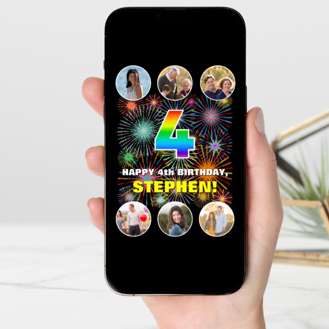 4th Birthday: Fun Rainbow #, Custom Name & Photos Card (Front Digital)