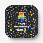 [ Thumbnail: 4th Birthday: Fun Stars Pattern and Rainbow “4” Paper Plates ]