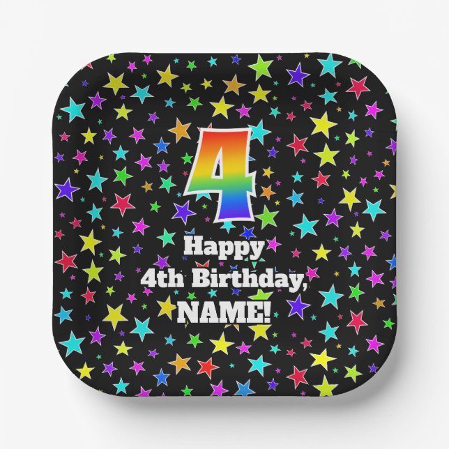 4th Birthday: Fun Stars Pattern and Rainbow “4” Paper Plates (Front)