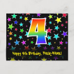 [ Thumbnail: 4th Birthday: Fun Stars Pattern, Rainbow 4, Name Postcard ]