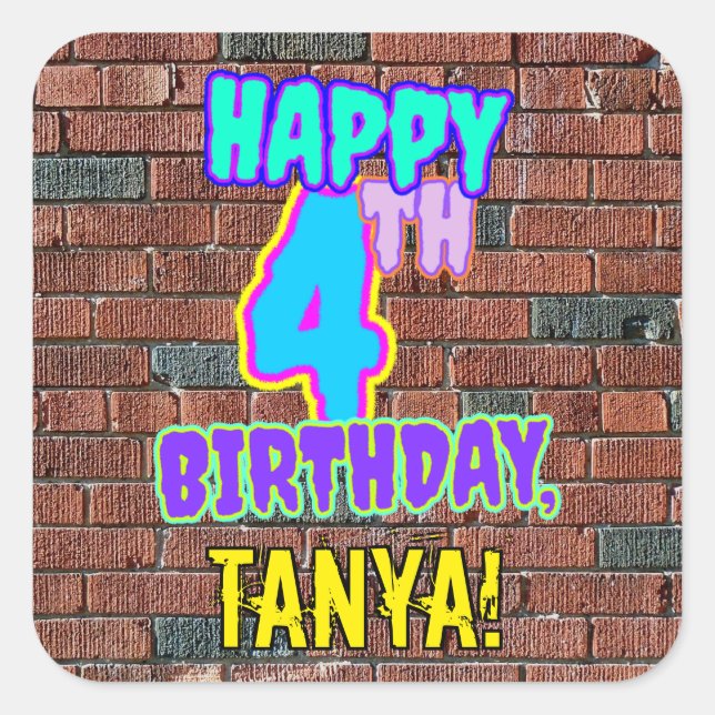 4th Birthday – Fun, Urban Graffiti Inspired Look Square Sticker (Front)