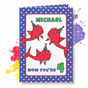 4th Birthday Funny Cute Red Sharks Cartoon         Card