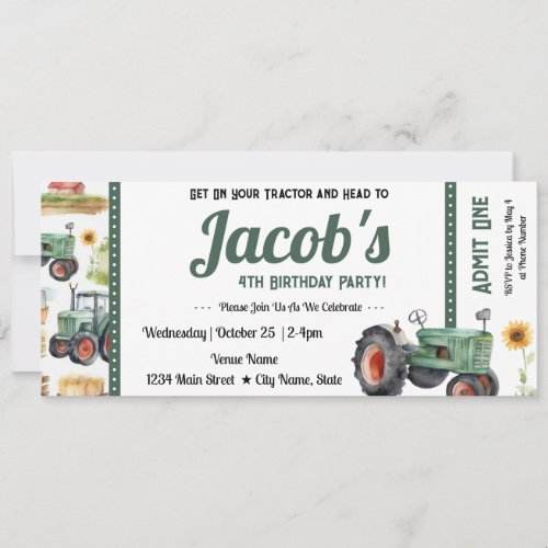 4th Birthday Get Your Tractor Ticket Boy Invitation