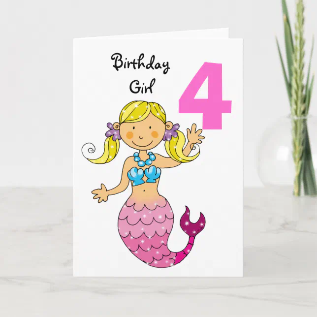 4th birthday gift for a girl, cute mermaid card | Zazzle