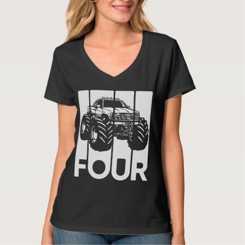 4th Birthday Gifts Four Vintage Monster Truck Wome T_Shirt