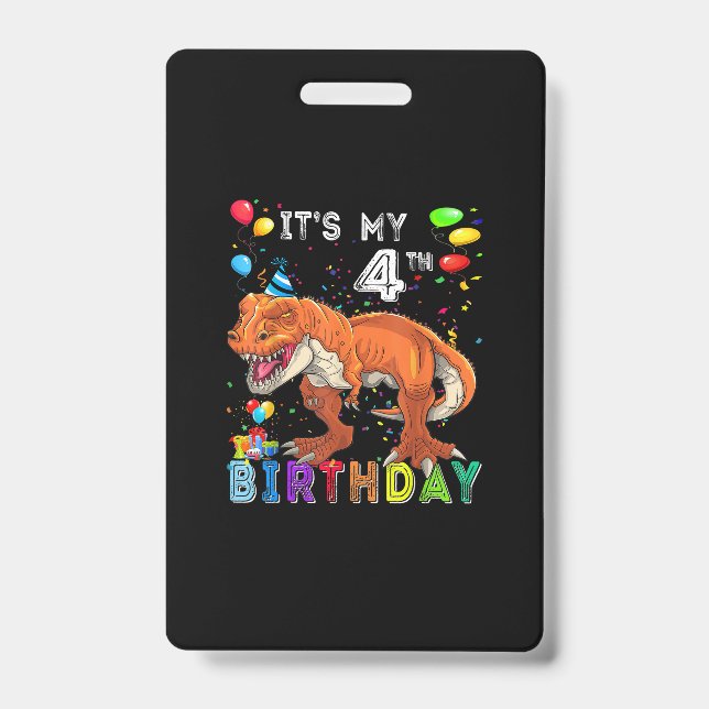 4th Birthday Gifts Kids Boys Dino T Rex Dinosaur Badge (Front)