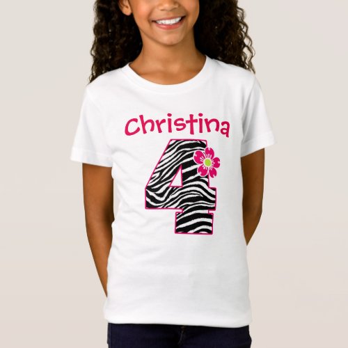 4th Birthday Girl Hot Pink  Black Zebra Pattern T_Shirt