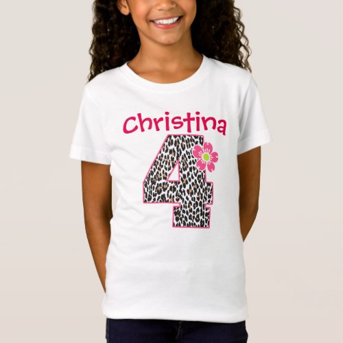 4th Birthday Girl Hot Pink  leopard print T_Shirt