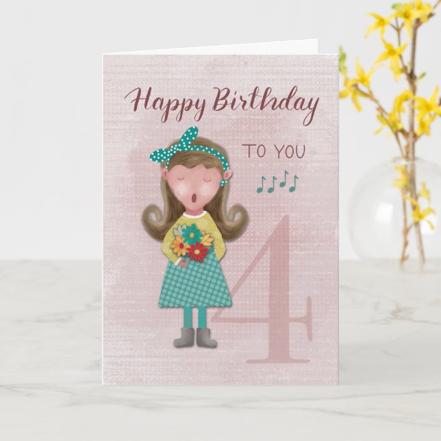 4th Birthday Girl Singing Happy Birthday Card (Yellow Flower)