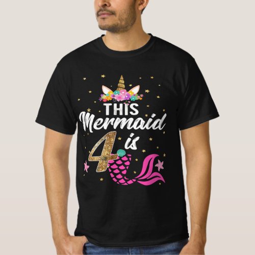 4th Birthday Girl Unicorn Mermaid Tail 4 Years Old T_Shirt