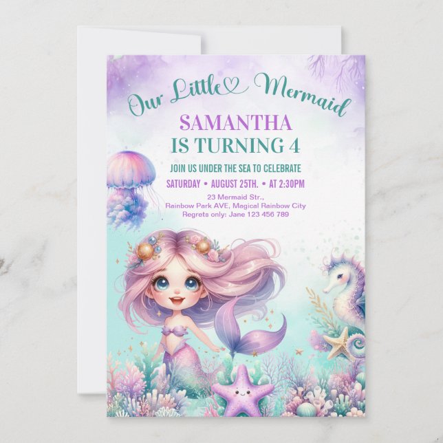 4th birthday girl Watercolor purple cute mermaid  Invitation (Front)