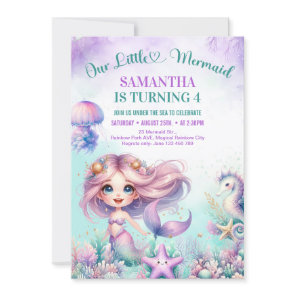 4th birthday girl Watercolor purple cute mermaid  Invitation