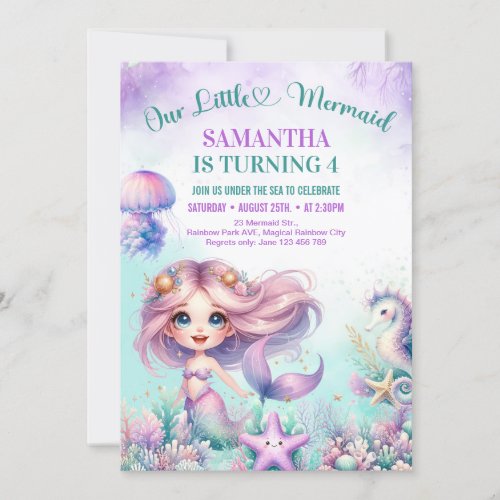 4th birthday girl Watercolor purple cute mermaid  Invitation