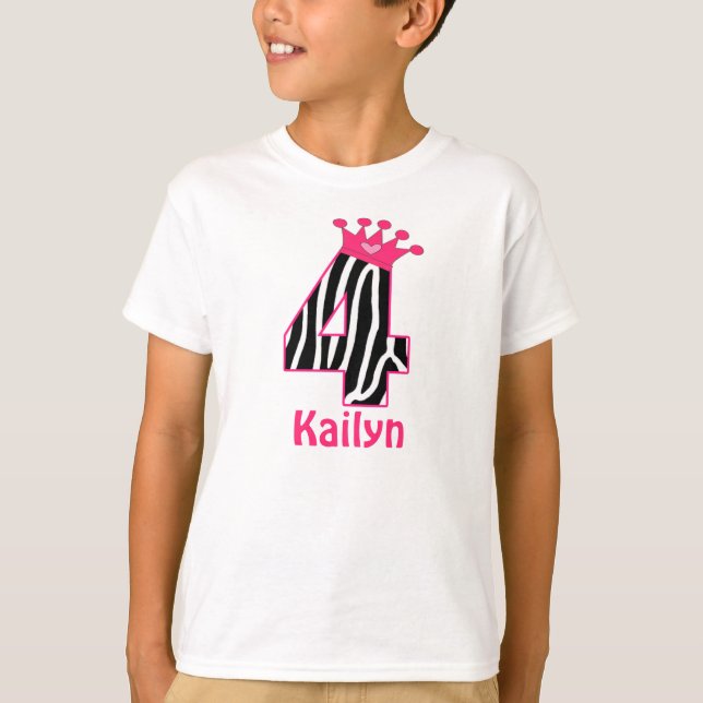 4th Birthday Girl Zebra Princess Personalized T-Shirt (Front)