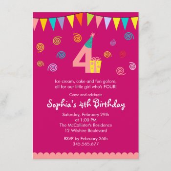 4th Birthday Girl's Cute Pink Party Invitation by thepapershoppe at Zazzle