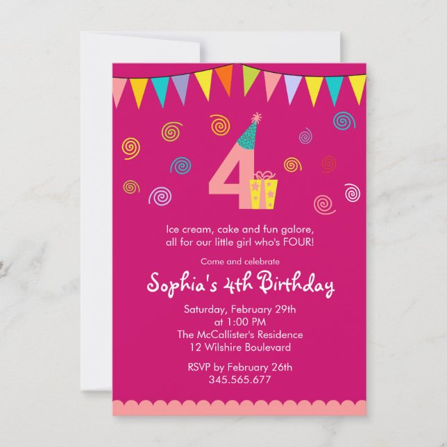 4th Birthday Girl's Cute Pink Party Invitation (Front)