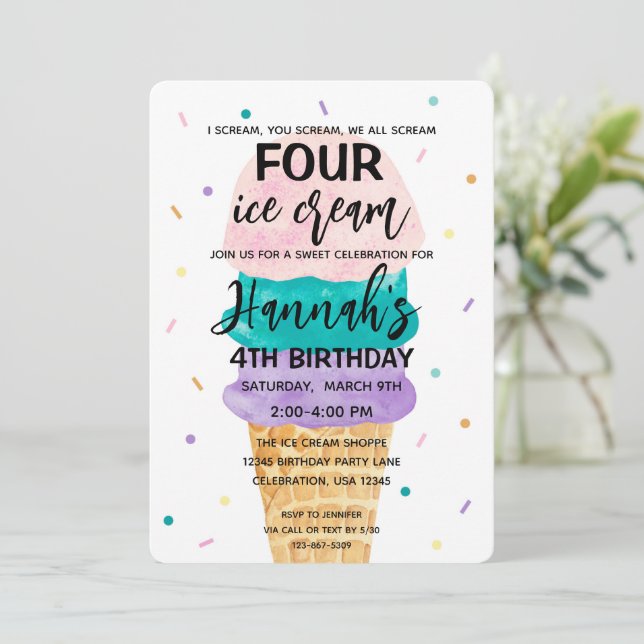 4th Birthday Girls Ice Cream Party Invitation (Standing Front)