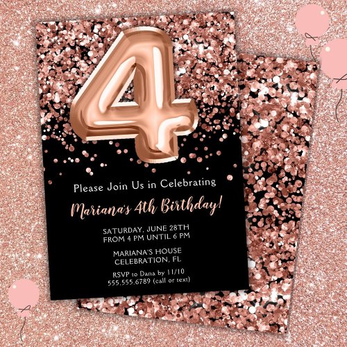 4th Birthday Invitation Black Rose Gold Glitter