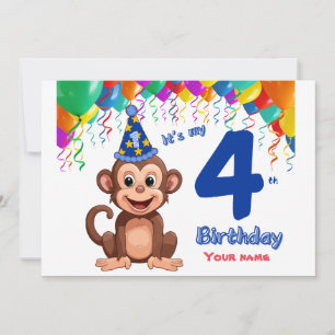 4th Birthday Invitation, Monkey Party Personalize Invitation