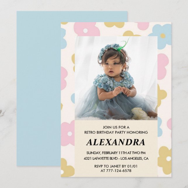 4th birthday invitation Retro Groovy Flowers Cute (Front/Back)