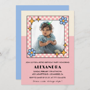 4th birthday invitation Retro Groovy Pink Flowers