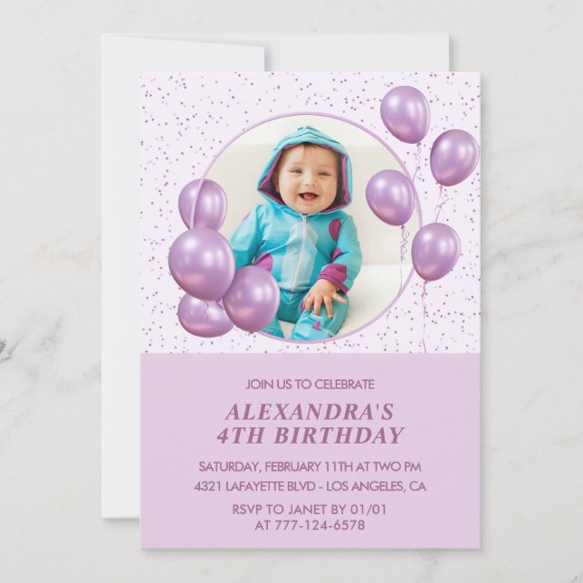 4th birthday invitations Balloons Photo Purple (Front)