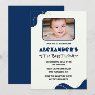 4th birthday invitations Boy Navy Simple Photo