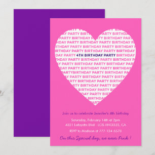 4th birthday invitations Pink Heart Modern