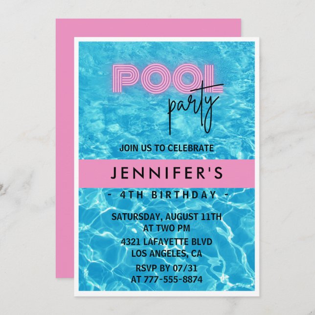 4th birthday invitations Pool Party Summer (Front/Back)