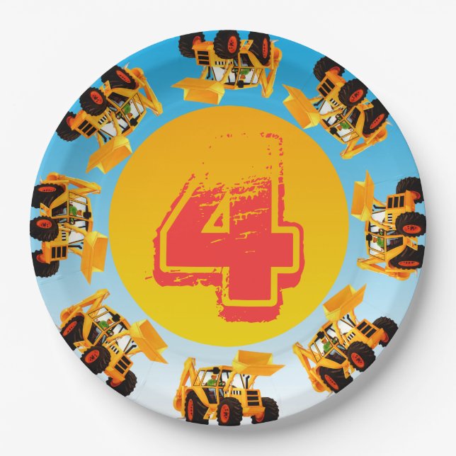 4th Birthday Kids Digger Construction Party Paper Plates (Front)