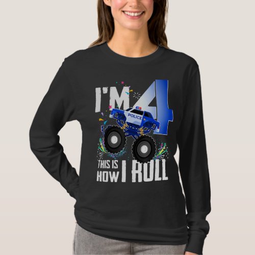 4th Birthday Kids Im 4 Police Monster Truck Car  T_Shirt