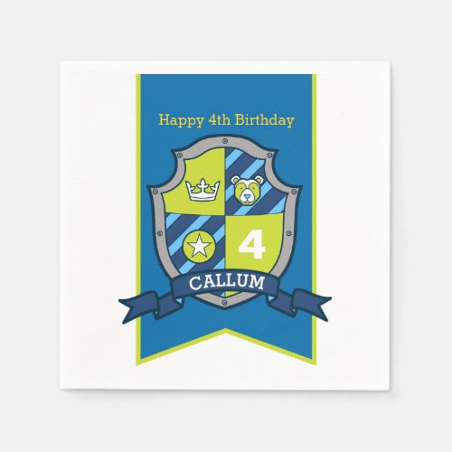 4th birthday knight bear shield kids party napkins