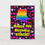 [ Thumbnail: 4th Birthday: Loving Hearts Pattern, Rainbow # 4 Card ]