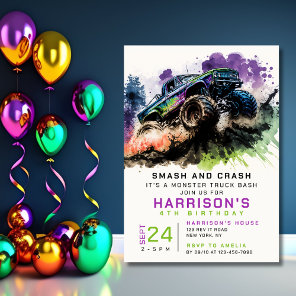 4th Birthday Monster Truck Smash Crash Kids Invitation