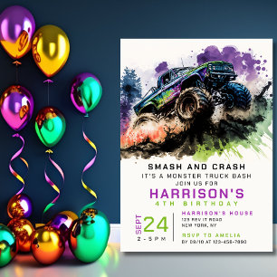 4th Birthday Monster Truck Smash Crash Kids Invitation