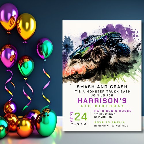 4th Birthday Monster Truck Smash Crash Kids Invitation