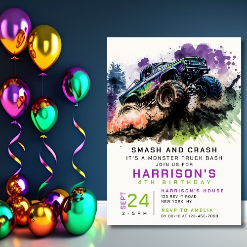 4th Birthday Monster Truck Smash Crash Kids Invitation